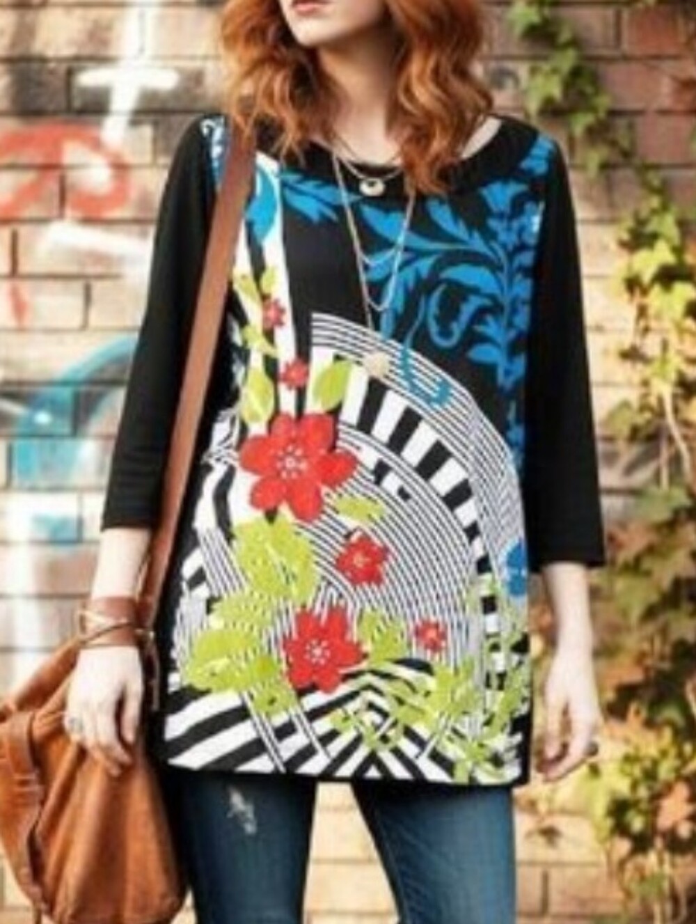 VTG Black Colorful Psychedelic Floral Printed Maximalist Tunic Blouse Large